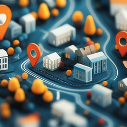 Illustration of a town with map pins hovering over locations