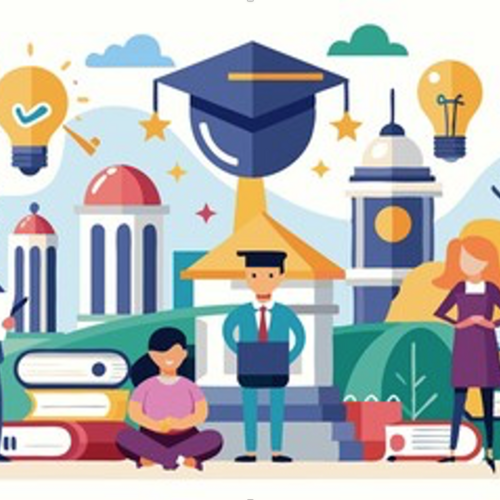 Illustration of people around a university